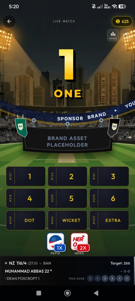 Live match — predict the next ball on a live scoreboard.