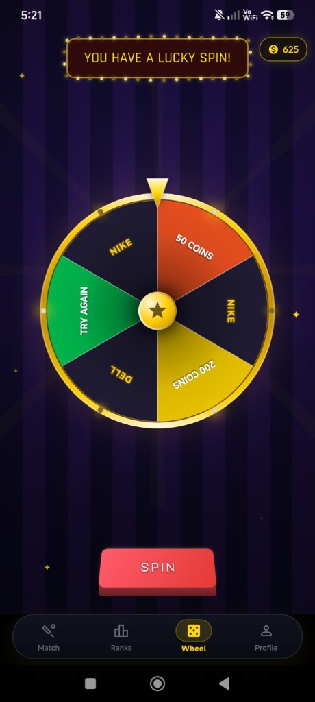 Lucky spin — win coins and sponsor prizes on the prize wheel.