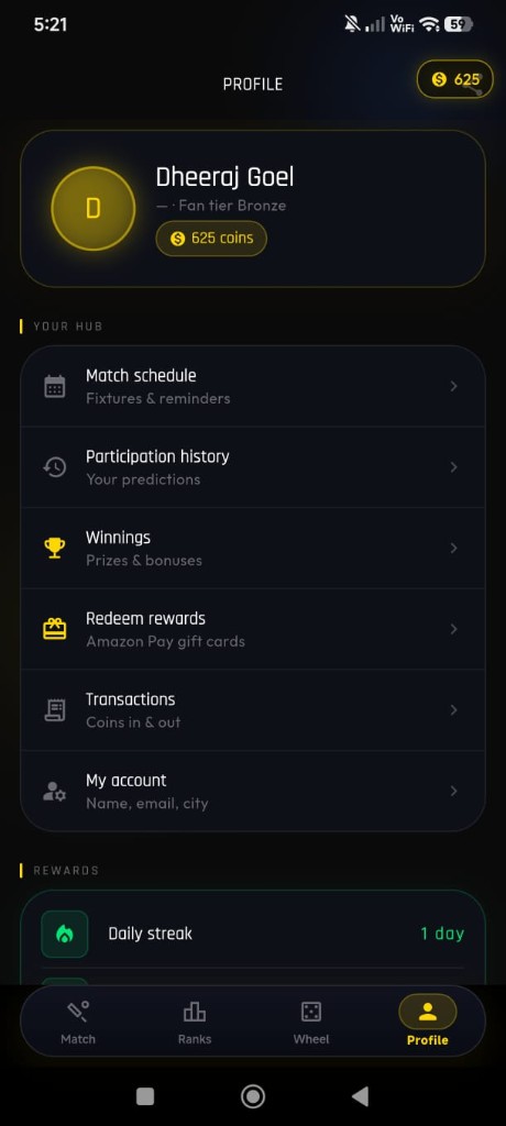Profile — your hub for schedule, history, redeem, and account.